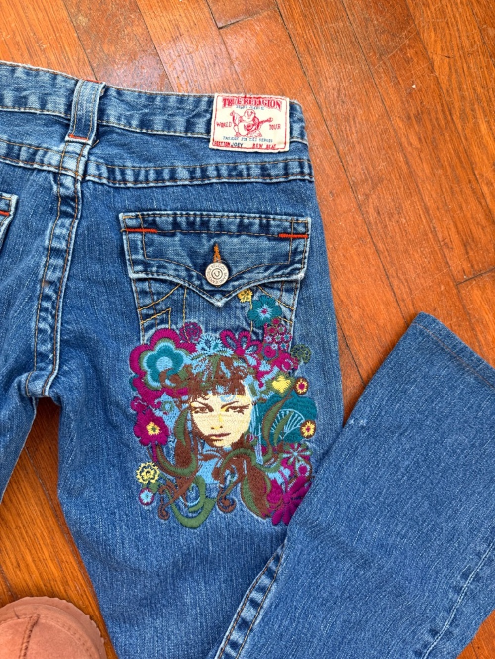 Super Rare True Religion Denim Boot Cut Jeans with Embroidered Portrait